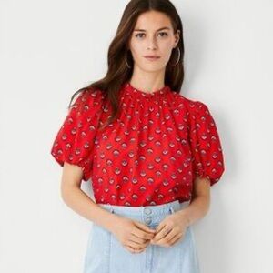 ANN TAYLOR Red Printed Puff Sleeve Top